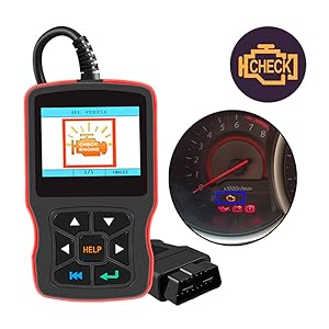 Automotive OBD2 diagnostic scanner displaying check engine light, vehicle dashboard tachometer, and OBD connector