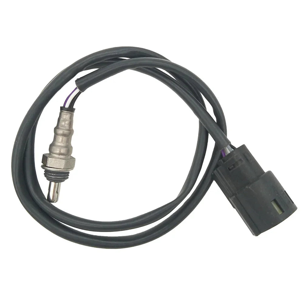 OEM automotive oxygen sensor with black wiring harness and connector on white background