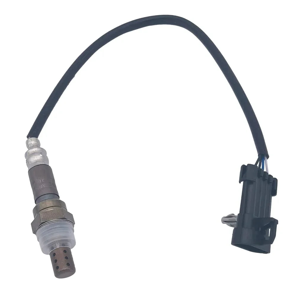 Automotive oxygen sensor with black wire and black electrical connector on white background
