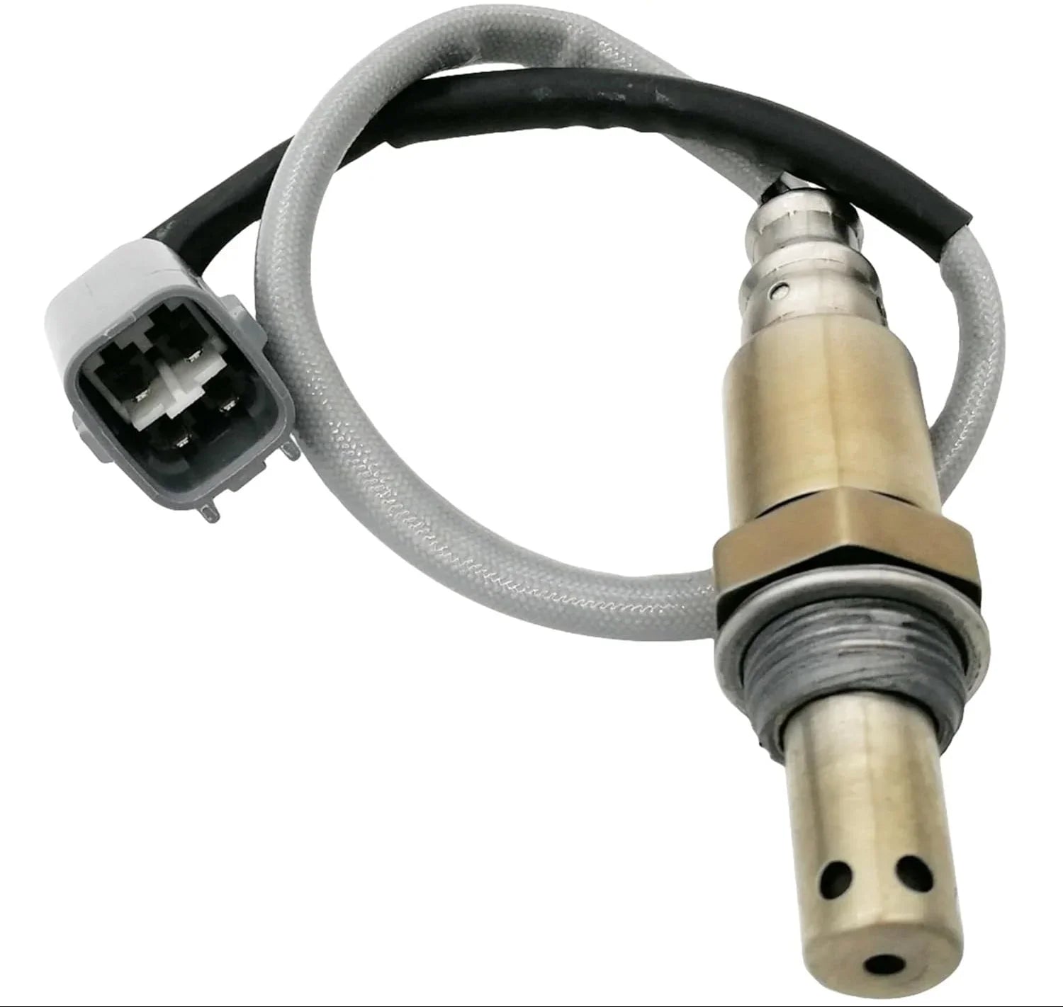 Close-up of automotive oxygen sensor with wiring and connector on white background
