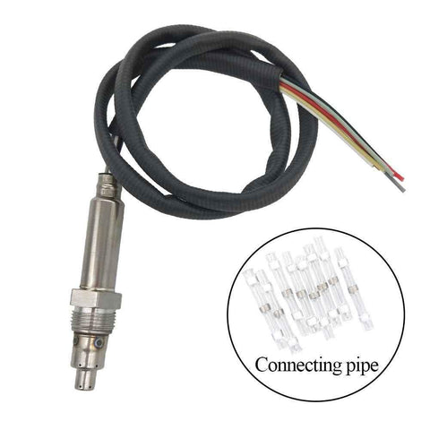 OEM-quality oxygen sensor with black protective cable and exposed colored wires, includes connecting pipe