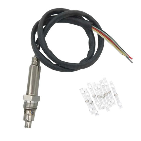 Automotive oxygen sensor with attached wire harness and clear connector terminals on white background