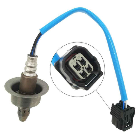 Automotive oxygen sensor with blue wire and black 4-pin connector close-up, OEM-quality fitment