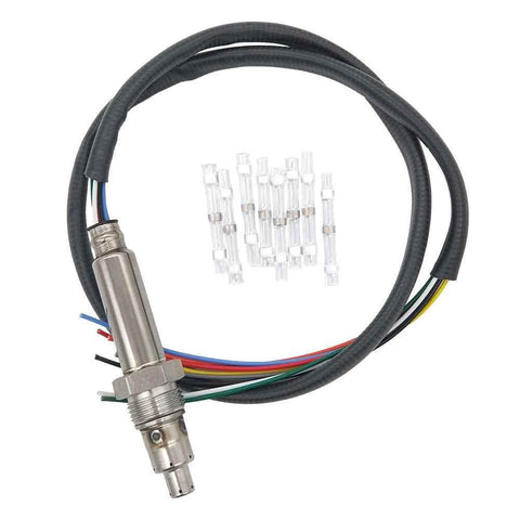 OEM-quality automotive oxygen sensor with colorful wires and heat shrink butt connectors on white background