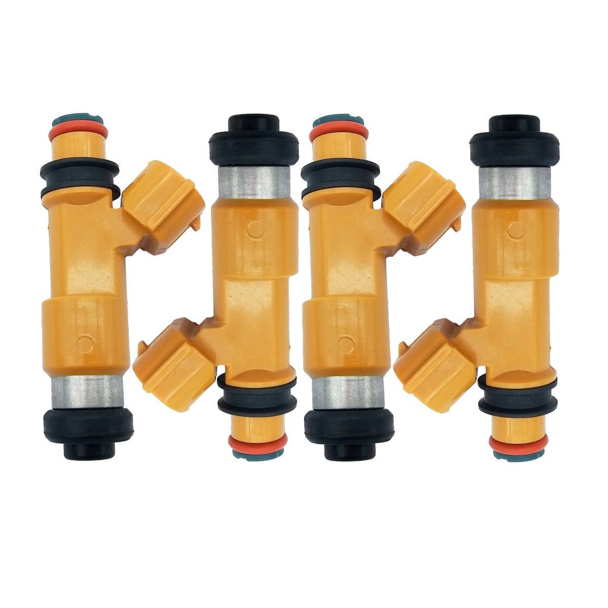 Set of four yellow automotive fuel injectors with black and orange seals isolated on white