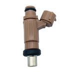 Brown automotive fuel injector with metal tip and black seals isolated on white background