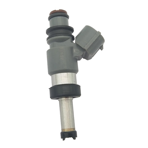 OEM-quality automotive fuel injector with gray plastic connector and metal body isolated on white
