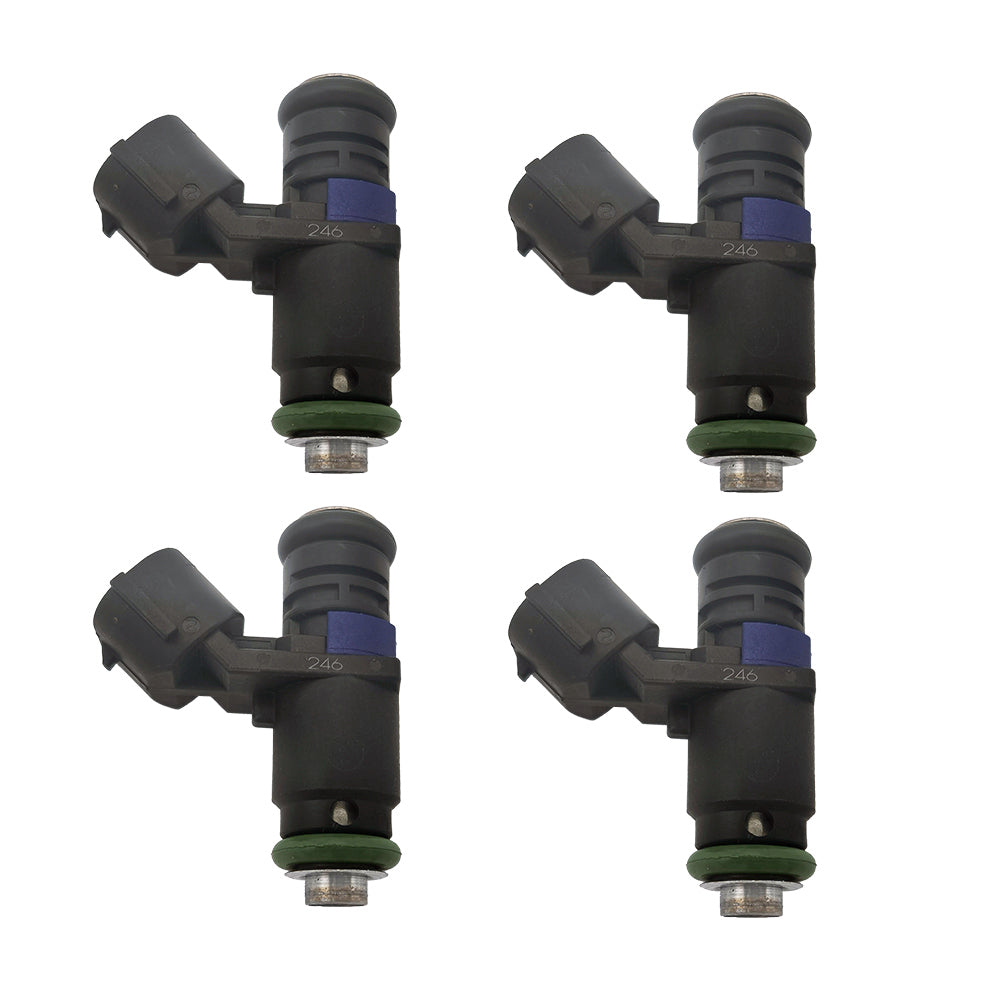 Set of four OEM-quality automotive fuel injectors with black plastic bodies and green seals