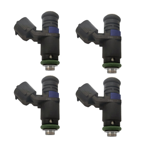 Set of four OEM-quality automotive fuel injectors with black plastic bodies and green seals