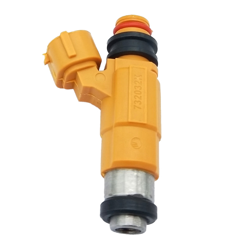 Orange automotive fuel injector with black and red seals, metal tip, and electrical connector