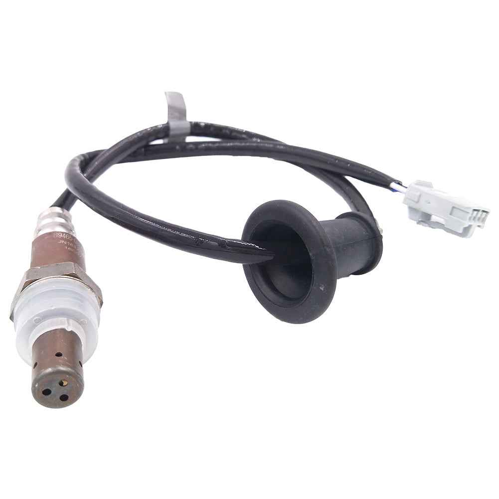 OEM oxygen sensor with black wiring harness and gray connector on white background