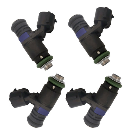 Four black automotive fuel injectors with green seals and blue labels on white background