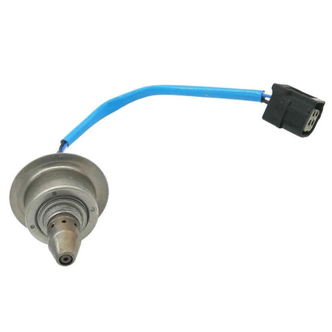Automotive oxygen sensor with metal tip and blue wire connector for vehicle emission control