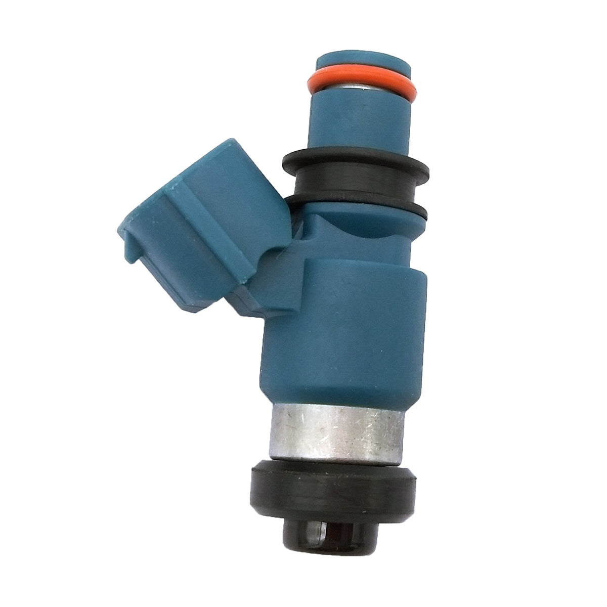 Close-up of blue automotive fuel injector with black and orange seals isolated on white