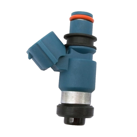 Close-up of blue automotive fuel injector with black and orange seals isolated on white