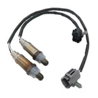 Pair of OEM-quality automotive oxygen sensors with black connector cables on white background