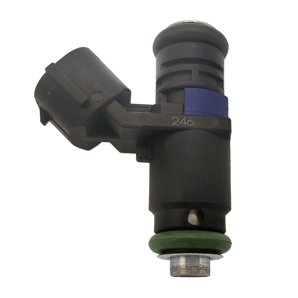 Black automotive fuel injector with green seal and electrical connector, OEM quality part