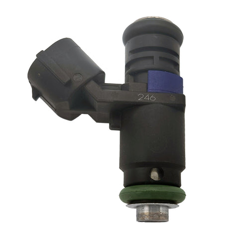Black automotive fuel injector with green seal and electrical connector, OEM quality part