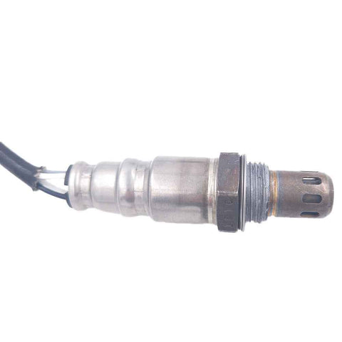 OEM oxygen sensor with threaded metal body and black wiring against white background