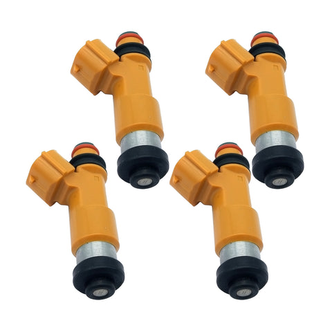Set of four OEM yellow fuel injectors for automotive engines with black and metal components