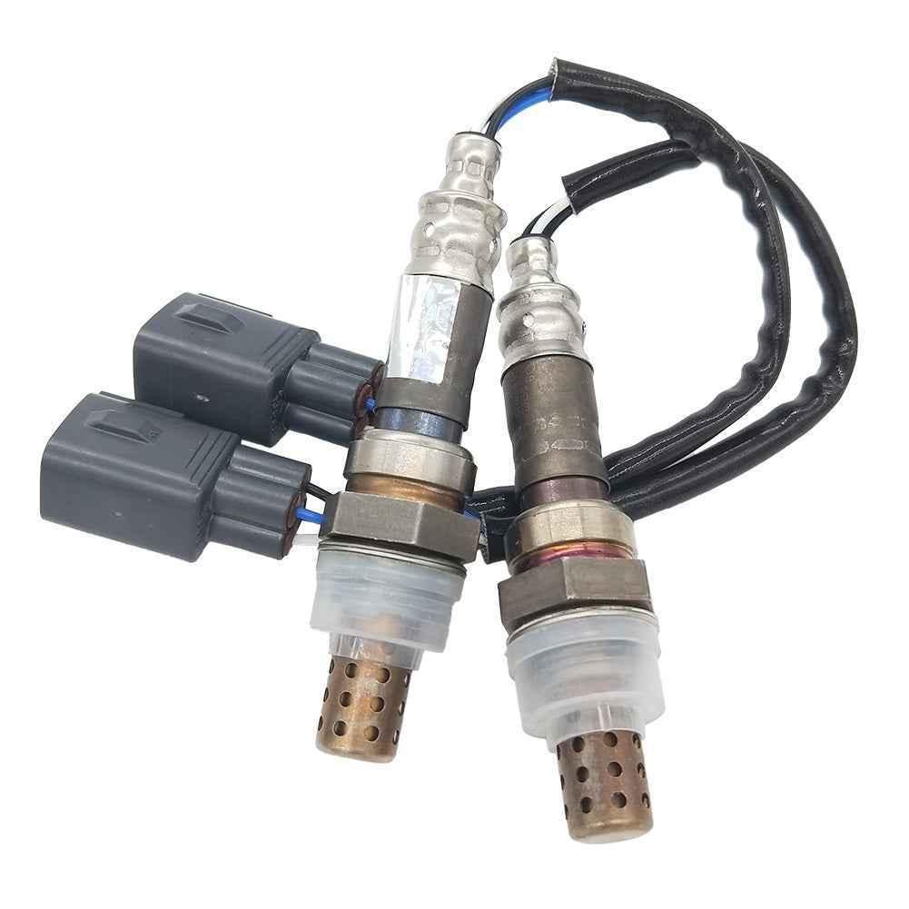 Pair of OEM-quality automotive oxygen sensors with wiring harness on white background