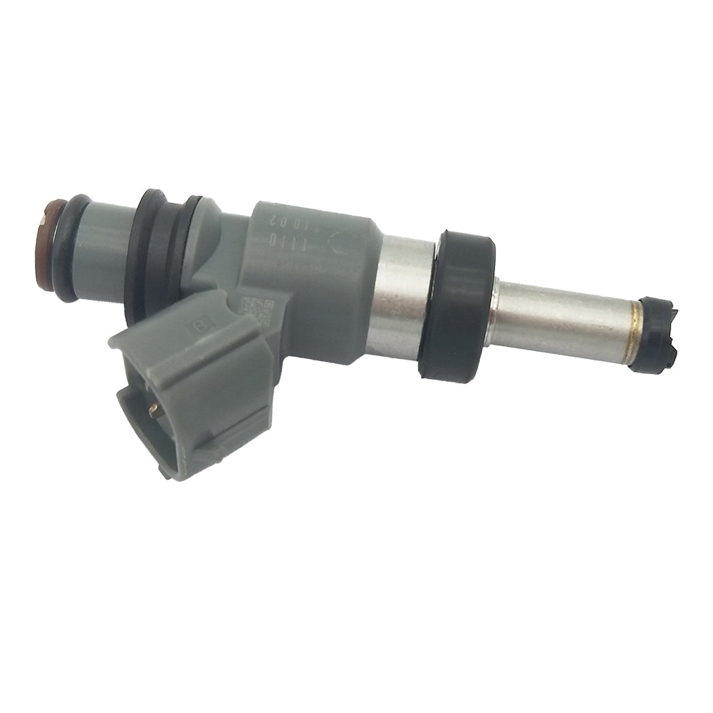 OEM automotive fuel injector with gray plastic connector and metal nozzle isolated on white