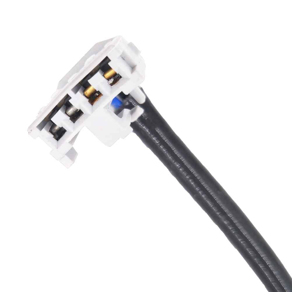 Close-up of white automotive electrical connector with black wire for oxygen sensors or ignition coils