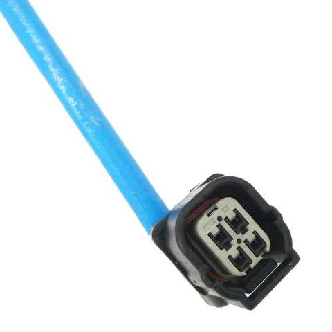 Close-up of blue automotive sensor connector with four-pin electrical plug