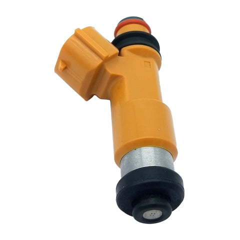 Close-up of a yellow and black automotive fuel injector with electrical connector on white background