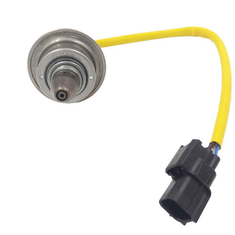OEM automotive oxygen sensor with yellow wire and black connector on white background