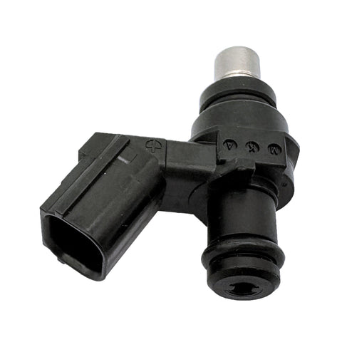 Black automotive fuel injector with electrical connector on white background