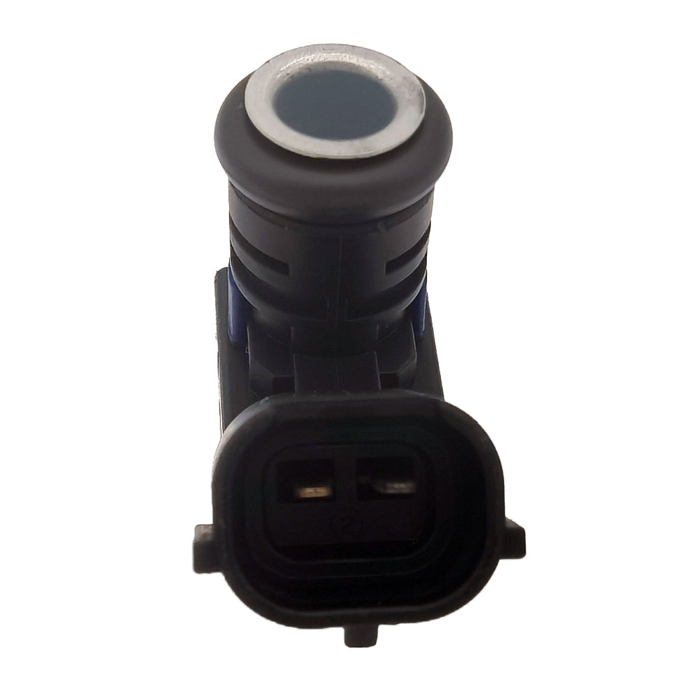 Front view of a black automotive fuel injector with electrical connector and metal tip