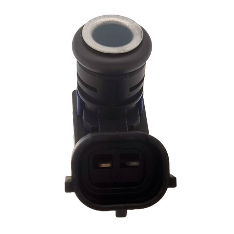 Front view of a black automotive fuel injector with electrical connector and metal tip