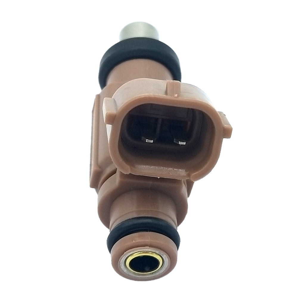 Close-up view of OEM brown fuel injector with black O-rings and electrical connector for automotive use