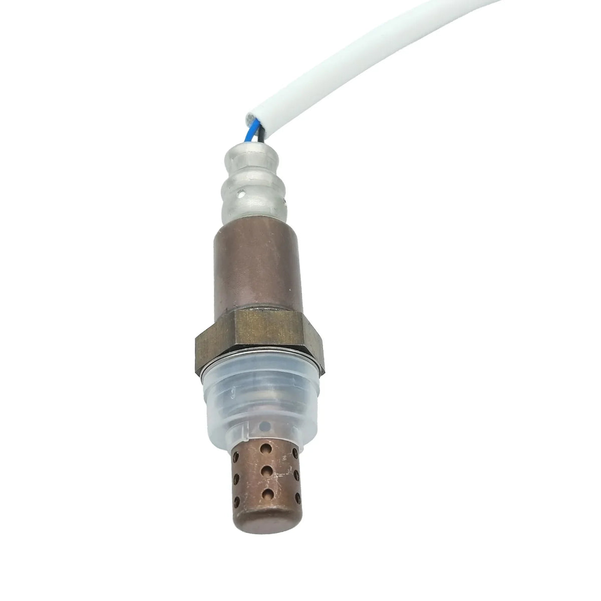 OEM-quality automotive oxygen sensor with white connector wire on white background