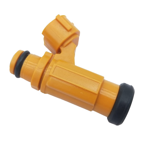 Close-up of orange automotive fuel injector with black rubber seals on white background