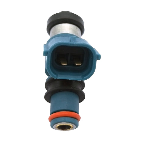 Close-up of a blue automotive fuel injector with black and orange seals isolated on white