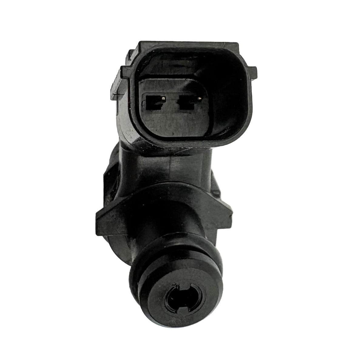 Close-up of black automotive fuel injector with electrical connector on white background