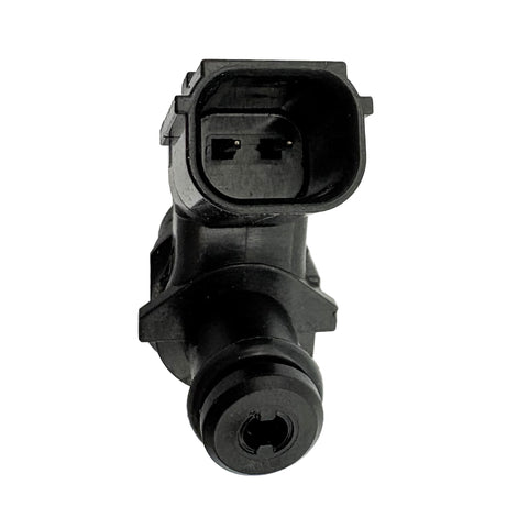 Close-up of black automotive fuel injector with electrical connector on white background