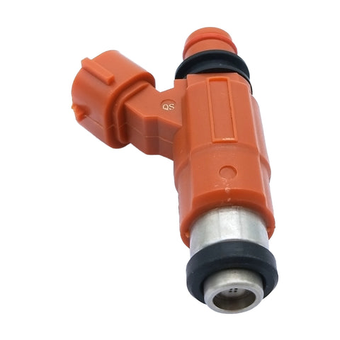 Orange automotive fuel injector with black seals and metal nozzle for vehicle engine