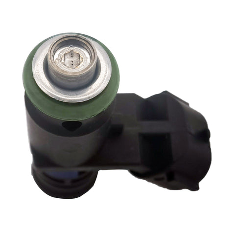 Close-up of a black automotive fuel injector with metal tip and green seal isolated on white