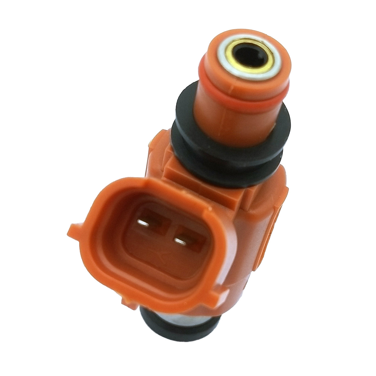 Close-up of an orange automotive fuel injector with black seals and electrical connector