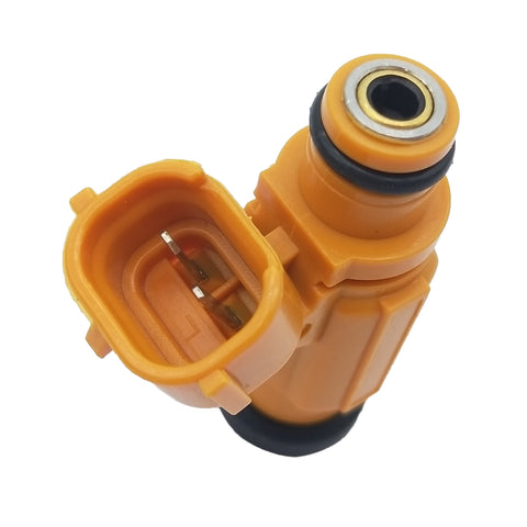 Close-up of an orange automotive fuel injector with visible electrical connector and o-rings
