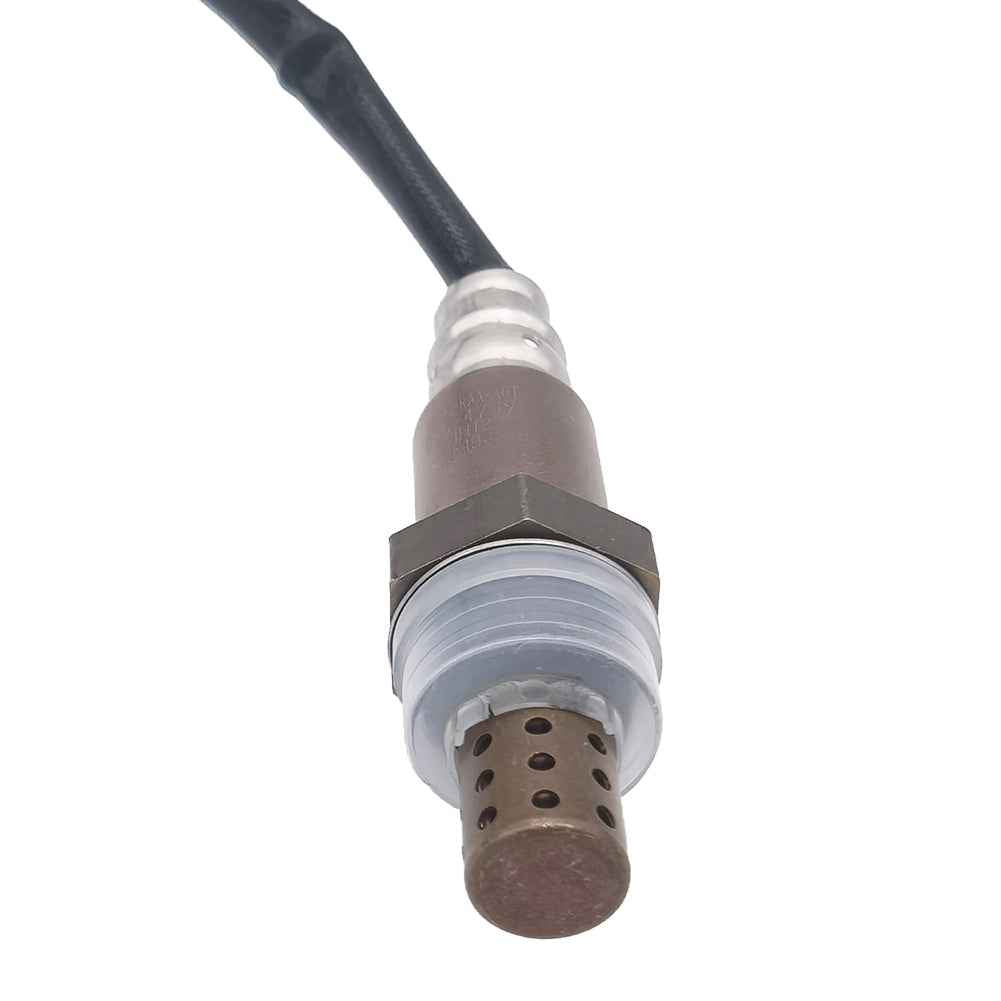 OEM-quality automotive oxygen sensor with black cable and metal perforated tip on white background