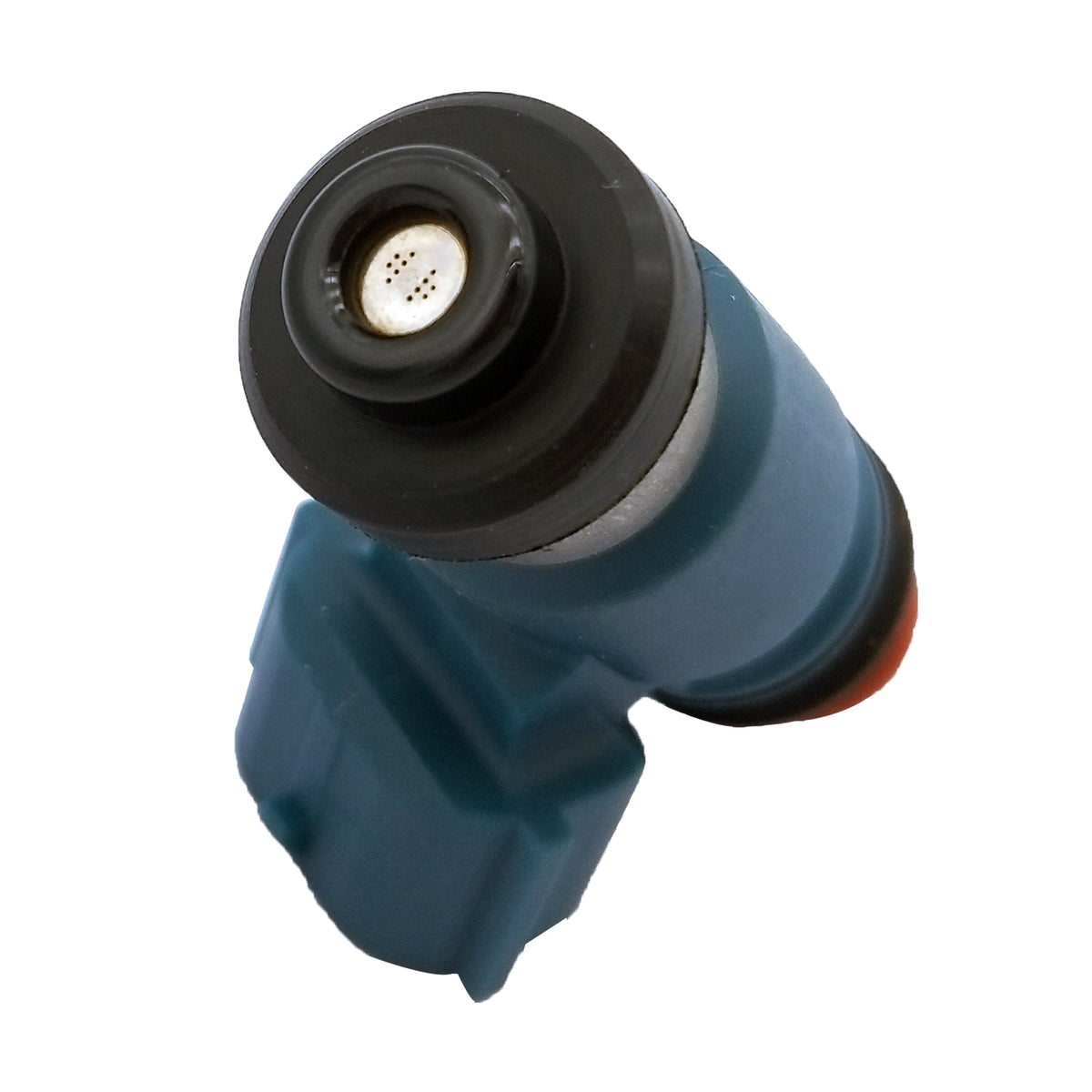 Close-up of blue automotive fuel injector with black nozzle and electrical connector on white background