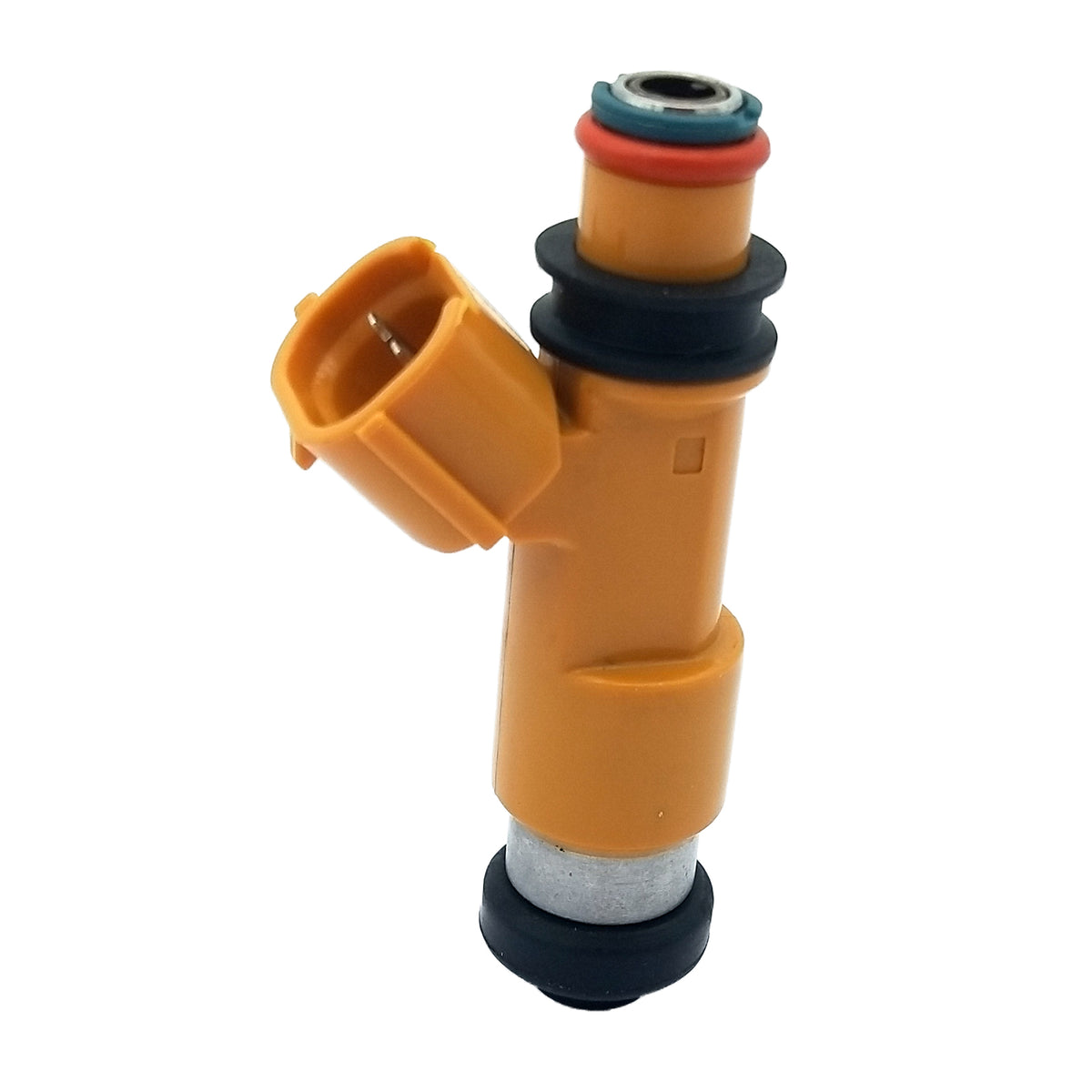 Orange automotive fuel injector with rubber seals and electrical connector plug isolated on white