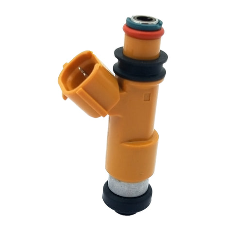 Orange automotive fuel injector with rubber seals and electrical connector plug isolated on white