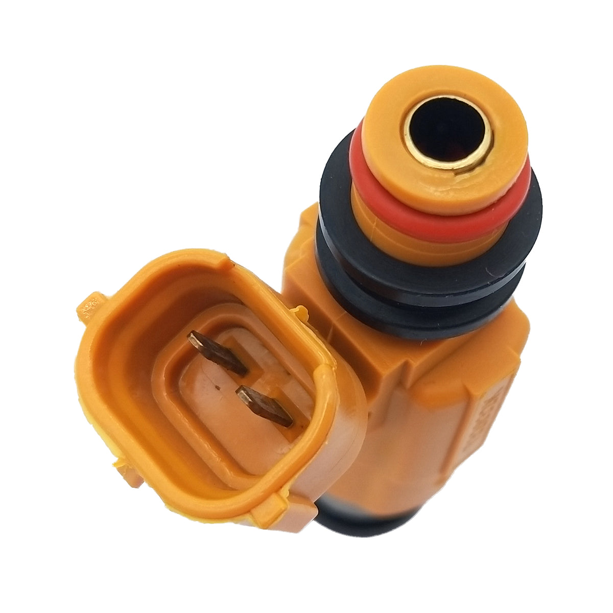 Close-up of a yellow automotive fuel injector with electrical connector and O-rings