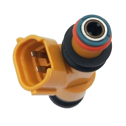 Close-up of yellow automotive fuel injector with electrical connector and sealing rings
