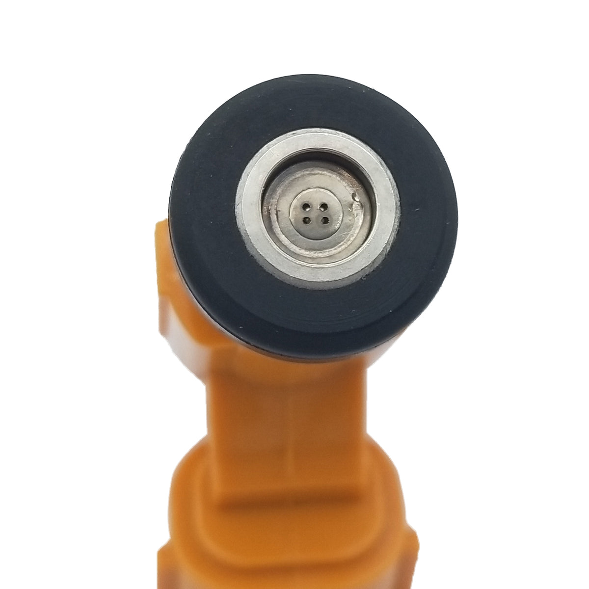 Close-up of an orange automotive fuel injector nozzle with black and metallic tip for vehicle engines
